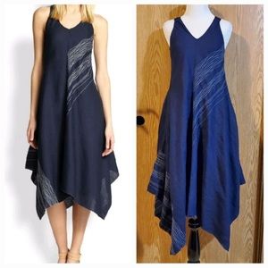 Eileen Fisher Navy Blue Irish Linen Asymmetric Handkerchief Hem Dress Sz XS